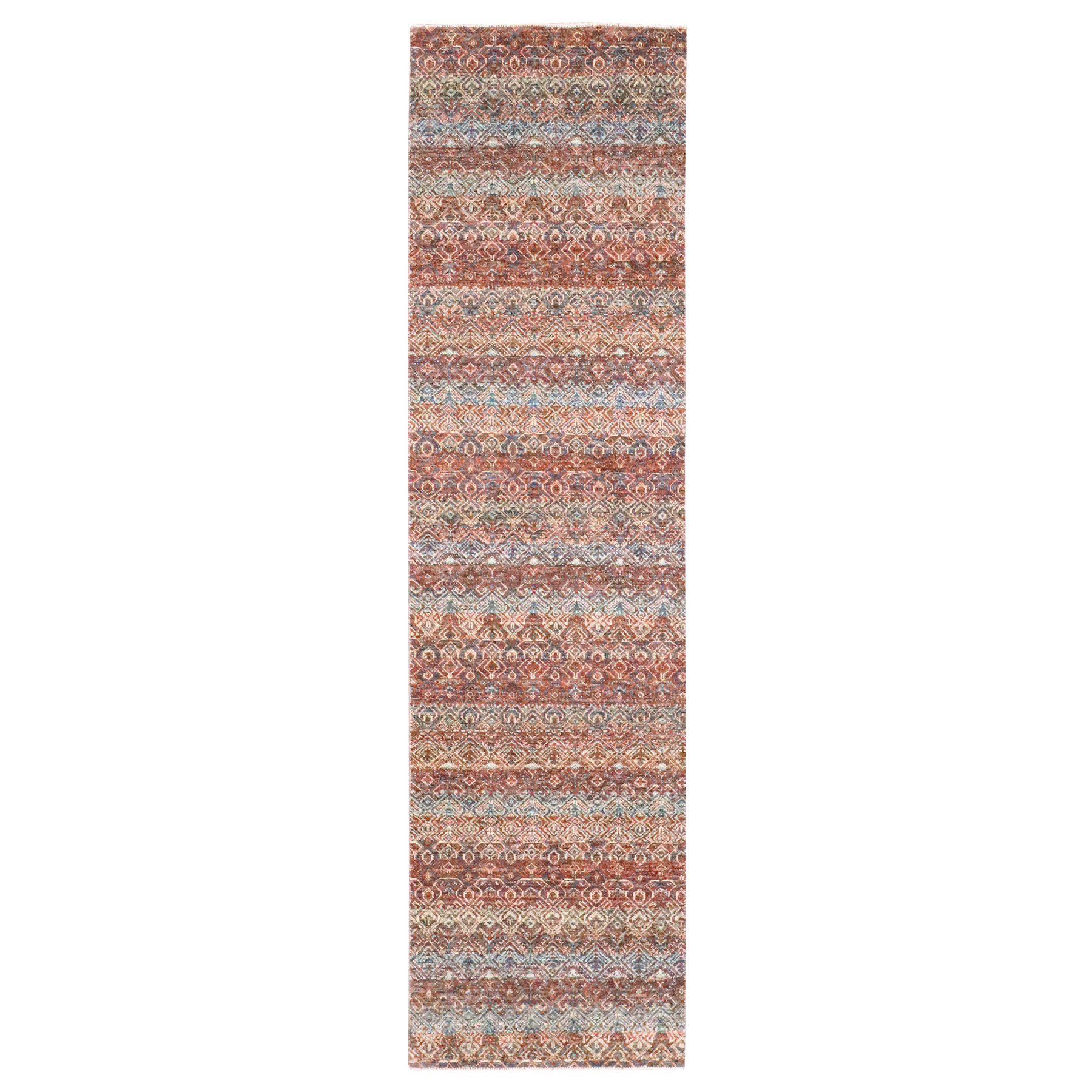2'7"x10' Rust Red, Soft and Shiny Wool, Kohinoor Herat Design, Small Geometric Repetitive Diamond Pattern, Tone on Tone, Hand Knotted, Runner, Oriental Rug 